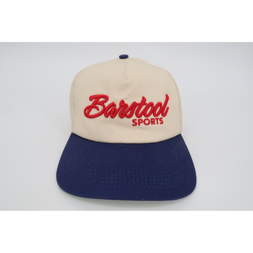 Barstool Sports Snapback Hat Mens Adjustable Cream Navy Blue Red Script Logo Cap